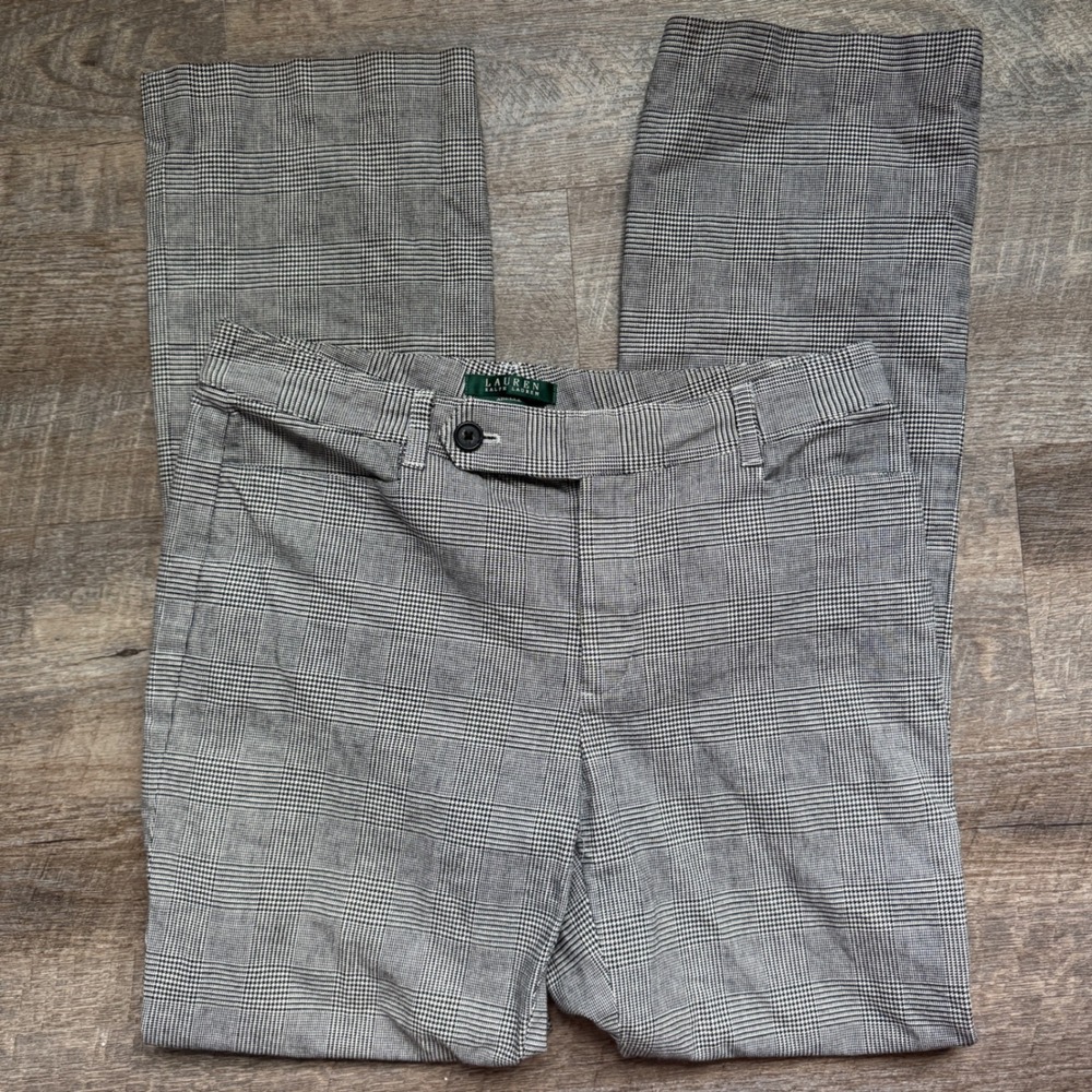 Lauren Ralph Lauren Adelle Slim Pants 8 Black White Glen Plaid Stretch Trousers
